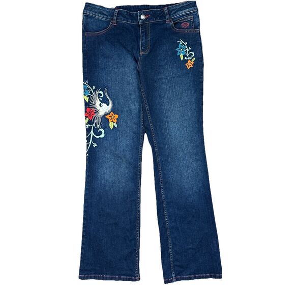 Y2K Harley Davidson Womens Bootcut Embroidered Dark Jean Floral Hummingbird Sz 8 - Picture 1 of 7